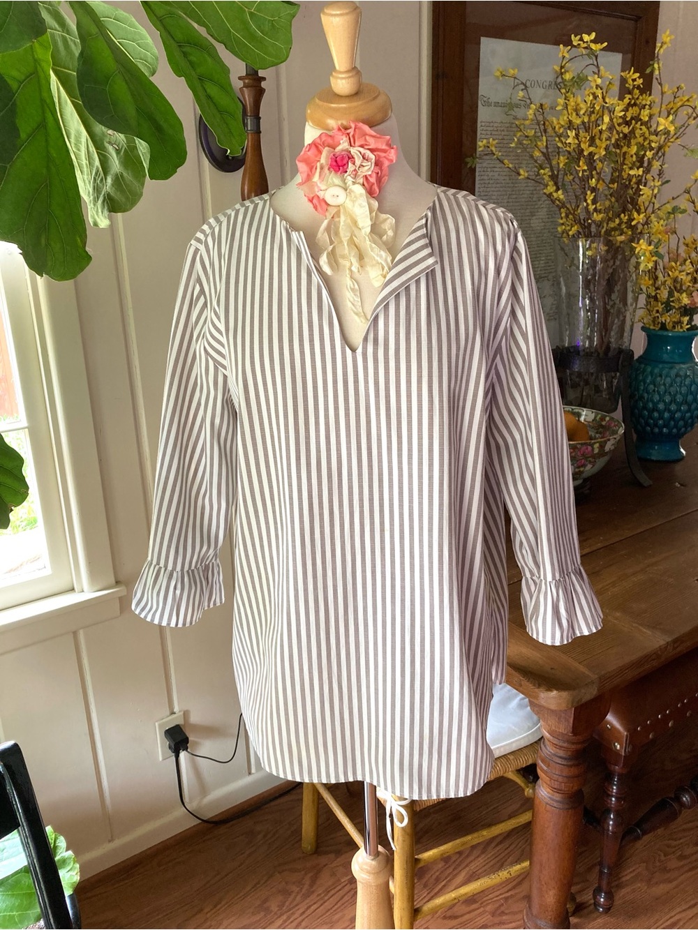 ravel Striped Tunic Top in Greige and White LG
